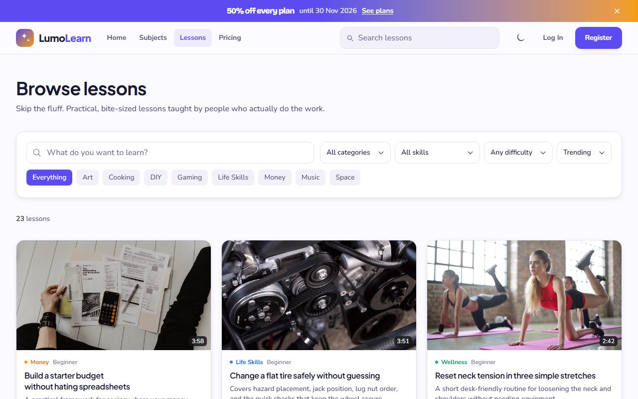 The LumoLearn lesson browser: search, category chips, and lesson cards with a photograph and a running time each.
