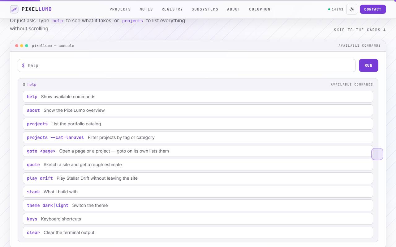 This site's console after running help, listing its commands: goto, quote, play drift, stack, theme and more.