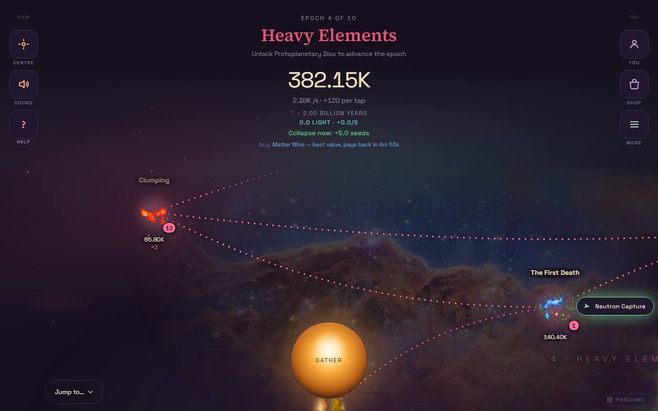 Stellar Drift in its dark theme at Epoch 4, Heavy Elements: the dust count, the gather core, and photographed nodes joined by dotted lines over the Carina Nebula.