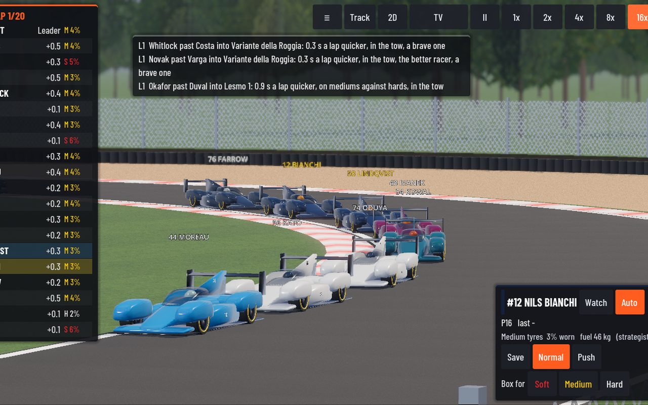 A Velocia endurance race in 3D: prototypes in team liveries through a corner at Brianza, the timing tower down the left, an event feed saying why each pass happened, and the player's car with its Save, Normal and Push calls.