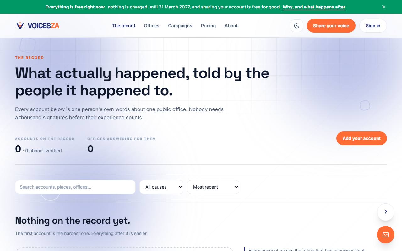 The VoicesZA record as it stands: the headline, zero accounts and zero offices on the record, and the first-visit notice that the first account is the hardest one.